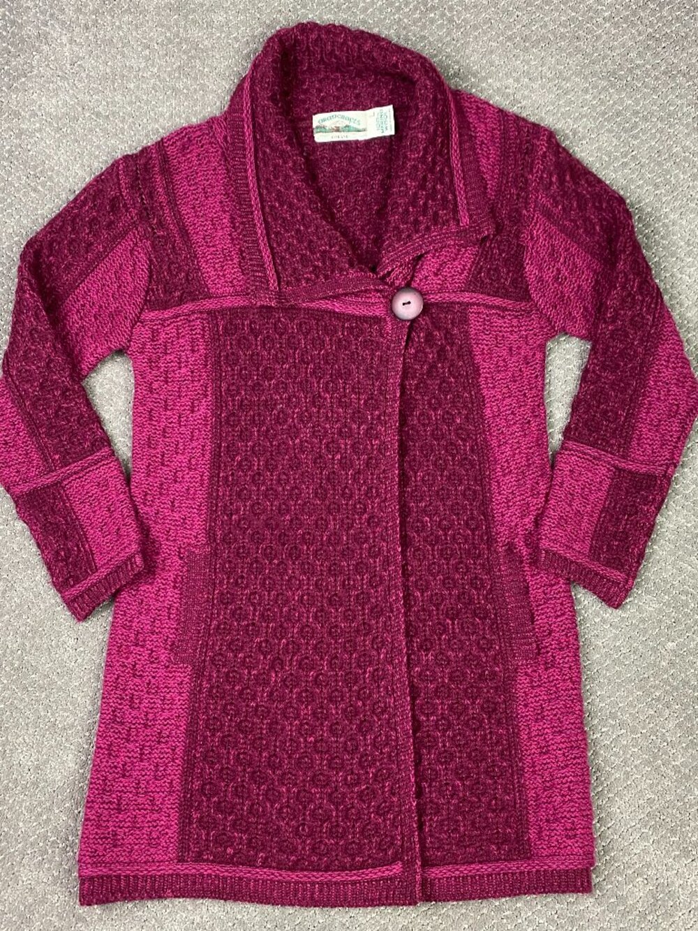 Aran Crafts Merino Wool Sweater Coat Womens Large Burgundy Cable Knit Cardigan